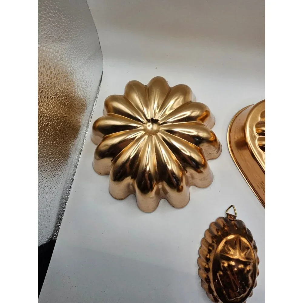Vintage Copper Molds Set Of 3 With Floral Heart & Grape Designs For Kitchen Deco